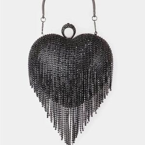 Black Fringe Crystal Heart Shaped Clutch Evening Bag
